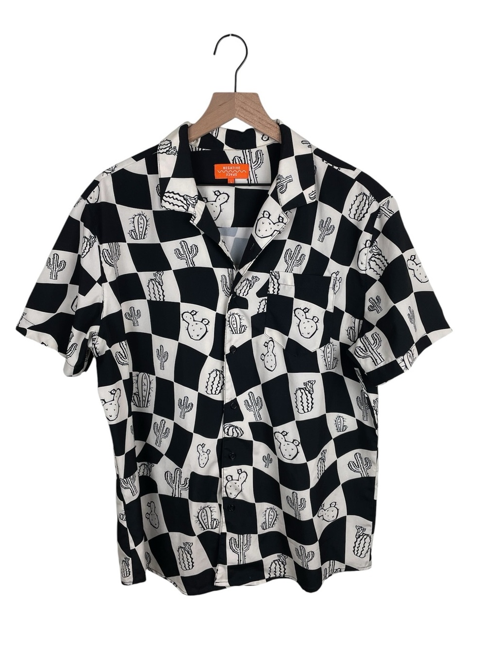 Negative Space Button Up Shirt Size Large Black White Checkered Cactus Print